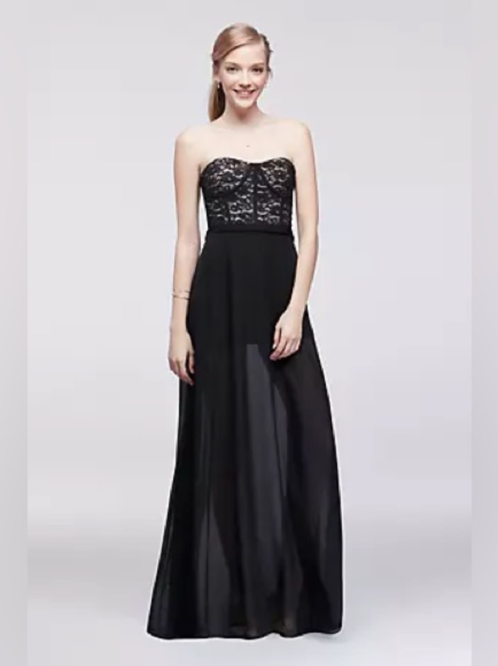 Strapless Black Lace Bodice Maxi Dress